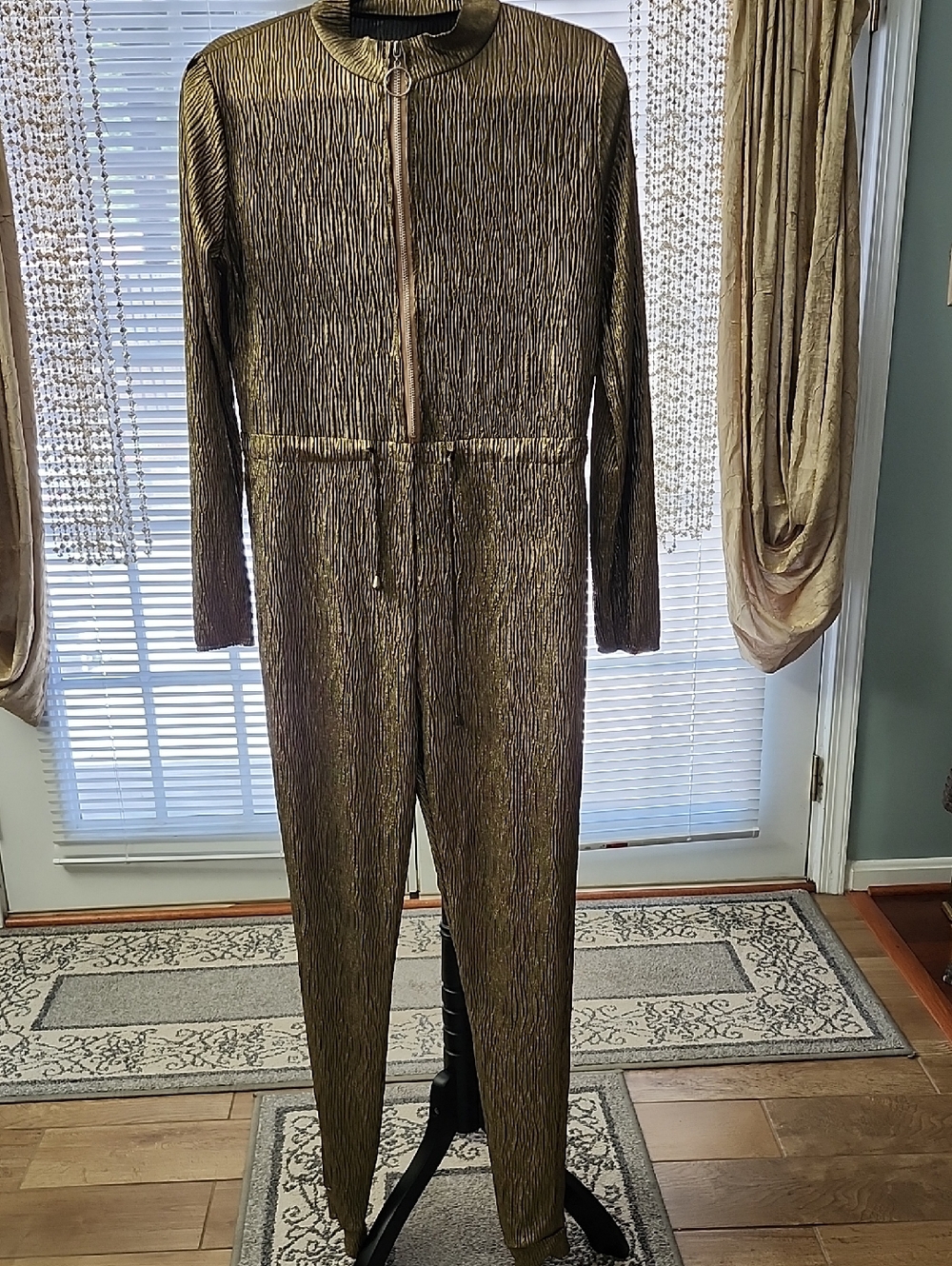 Metallic Gold Textured Long-Sleeve Jumpsuit